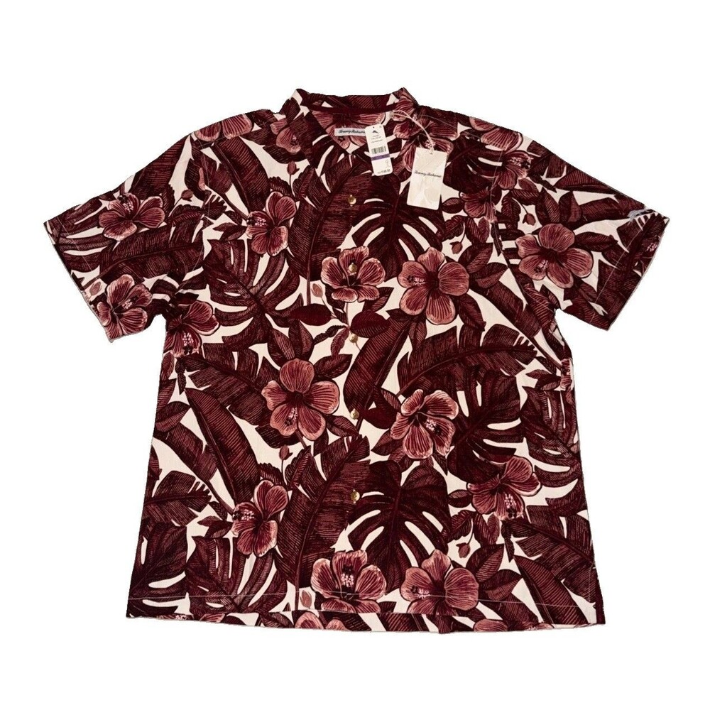 Tommy Bahama Shirt Mens XXL Maroon Floral Lush Camp 100% Silk Tropical Button Up